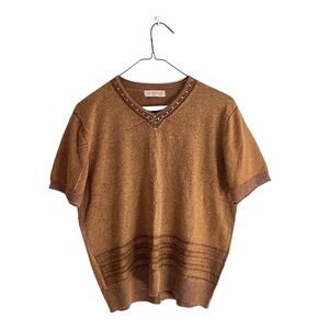 Y2K Metallic Knit Top M Copper Bronze Glitter Rhinestone Retro Stretch Rave